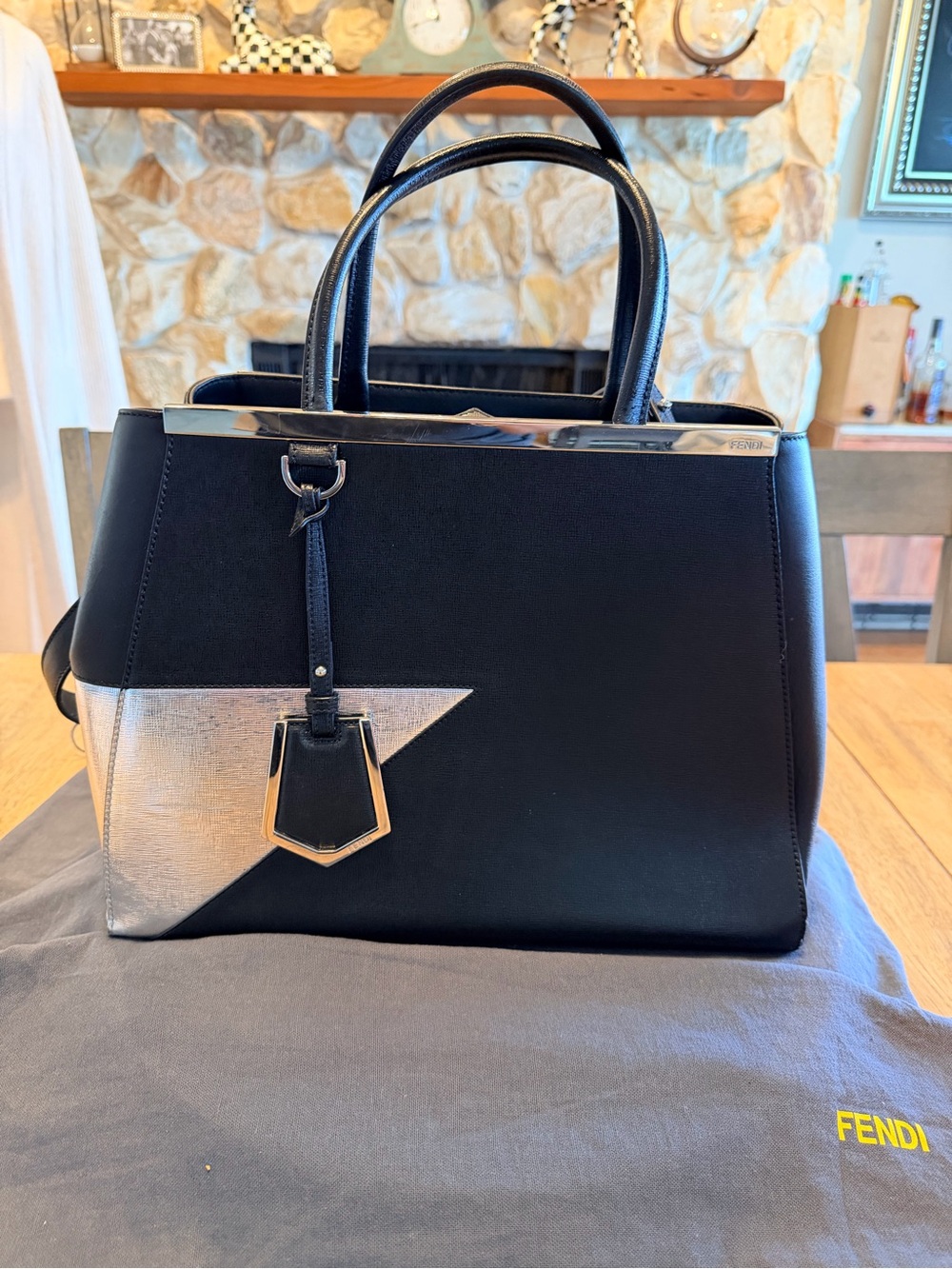 Fendi Black and Silver 2 Jours  Leather Satchel with Geometric Accent